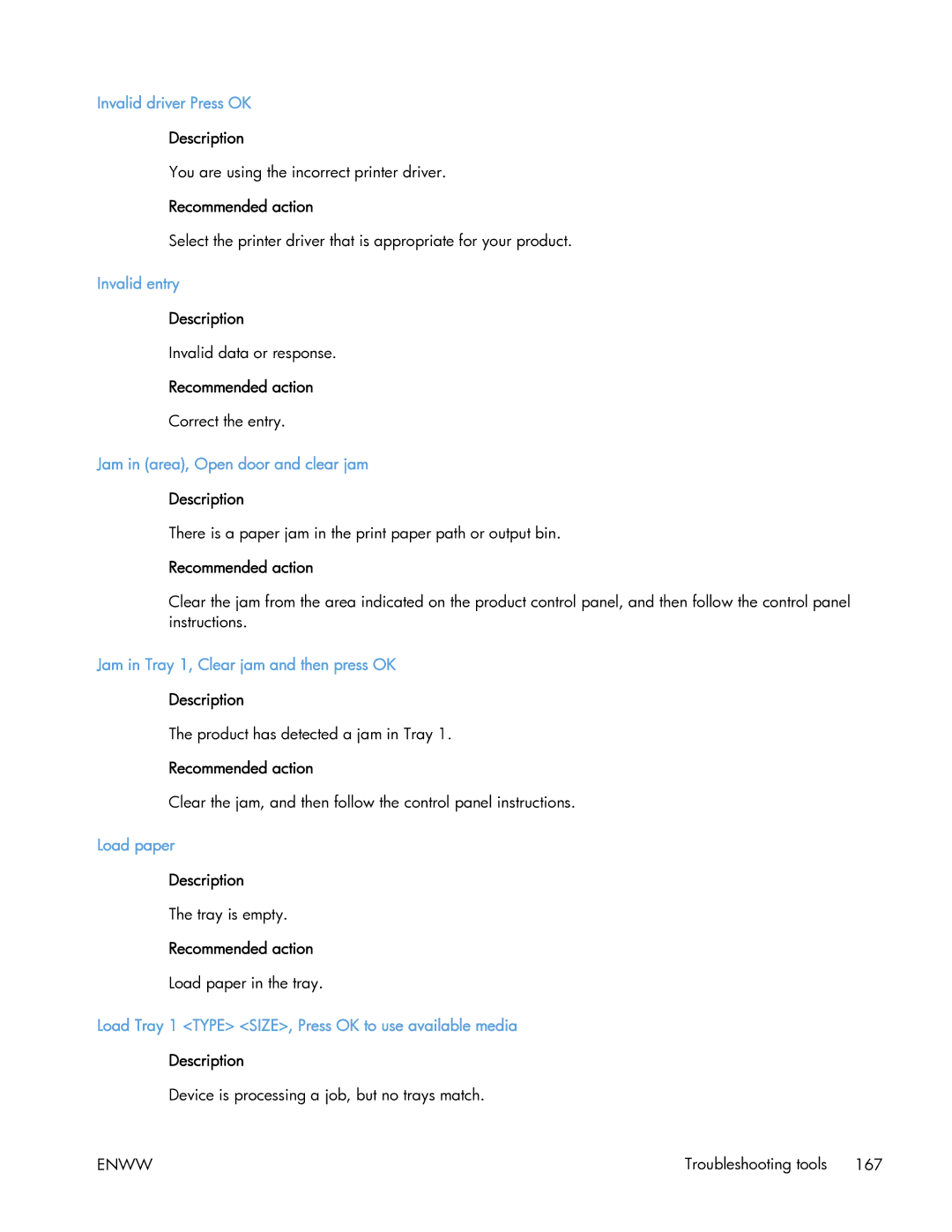 HP 400 manual Invalid driver Press OK, Invalid entry, Jam in area, Open door and clear jam, Load paper 