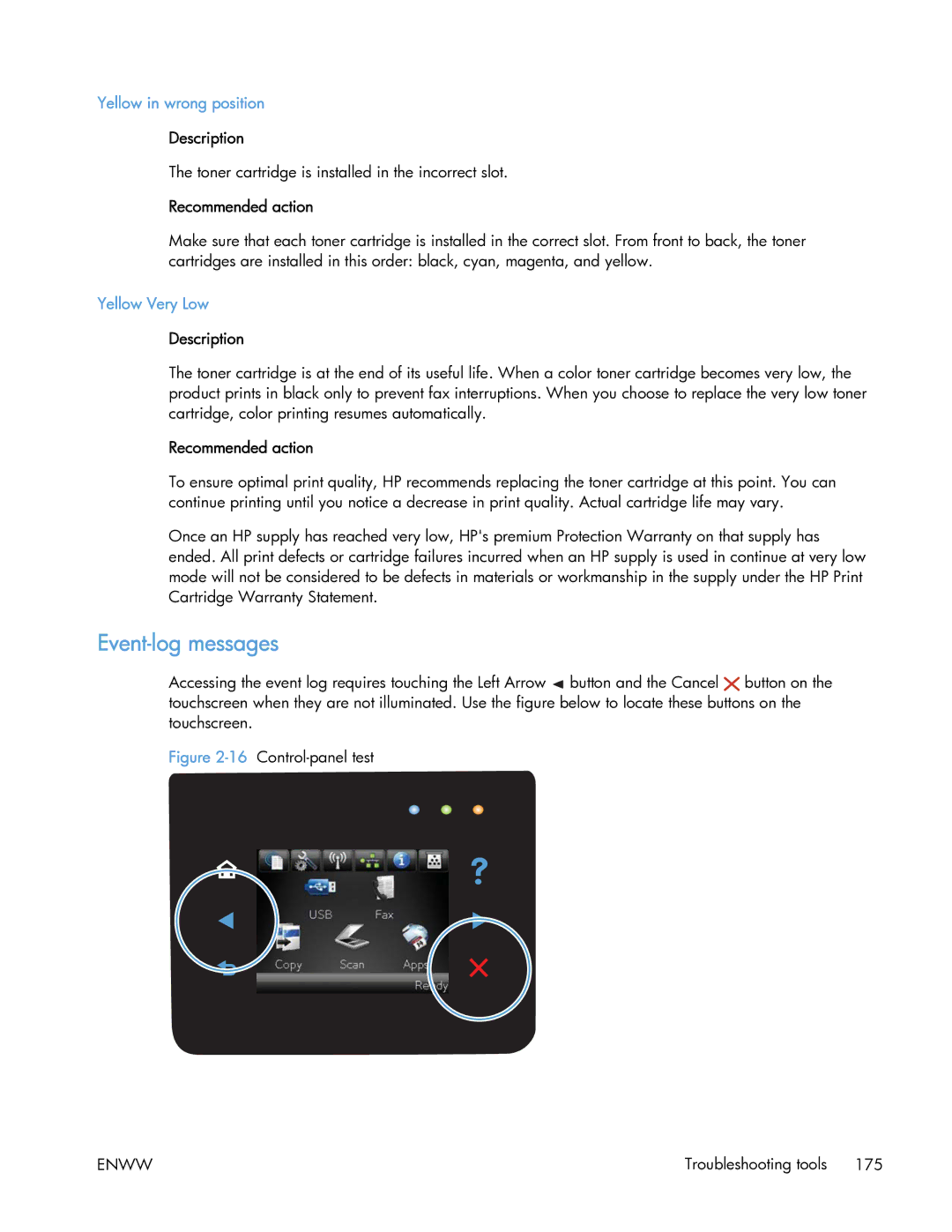 HP 400 manual Event-log messages, Yellow in wrong position, Yellow Very Low 