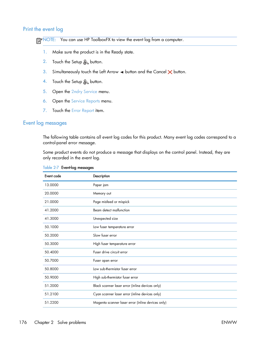 HP 400 manual Print the event log, Event log messages, 7Event-log messages, Event code Description 