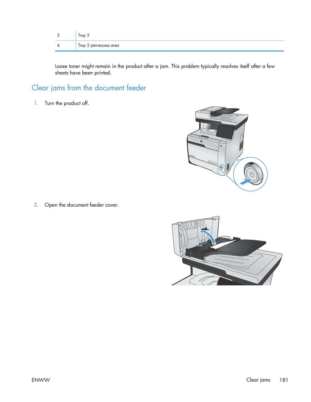 HP 400 manual Clear jams from the document feeder 