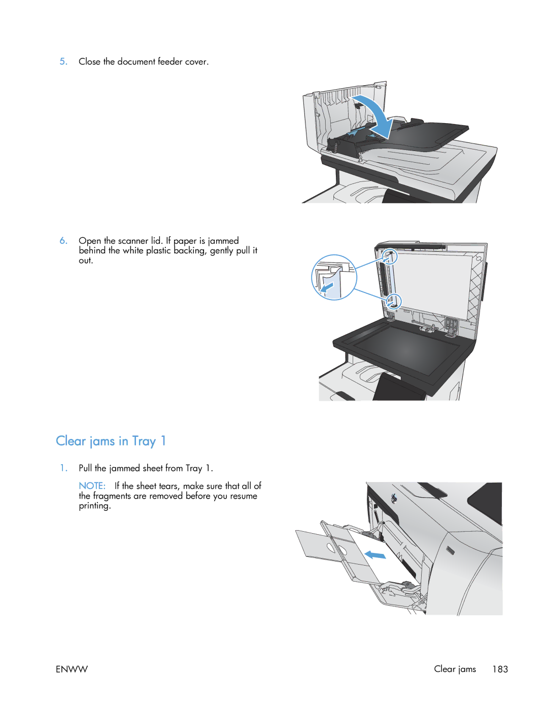 HP 400 manual Clear jams in Tray 