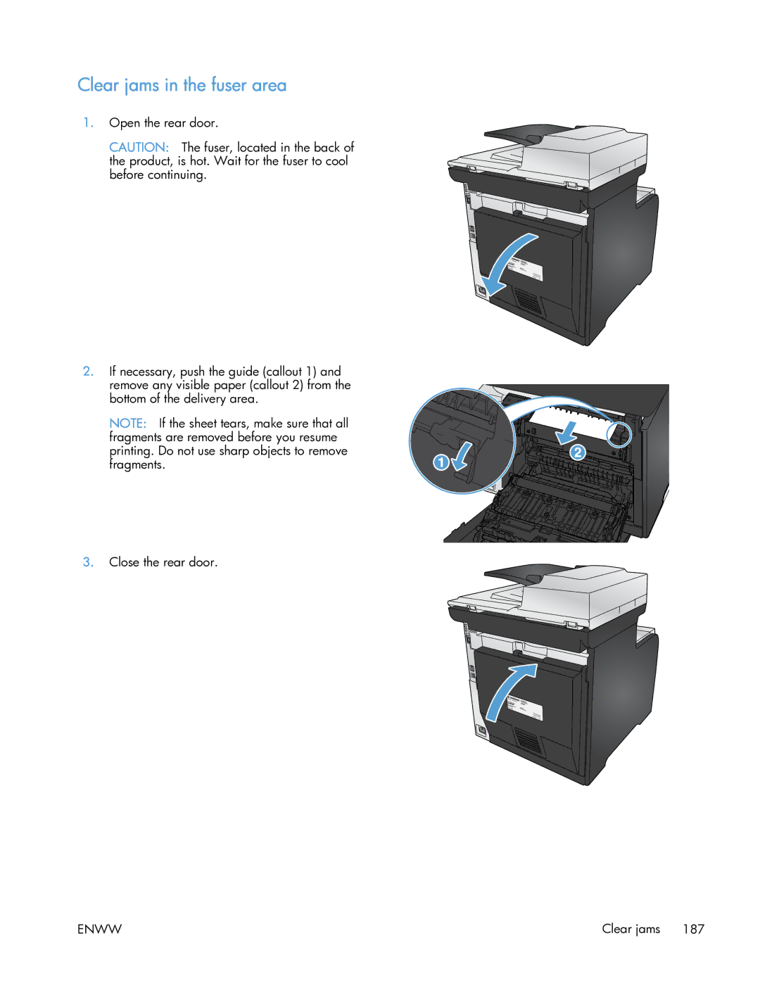 HP 400 manual Clear jams in the fuser area 