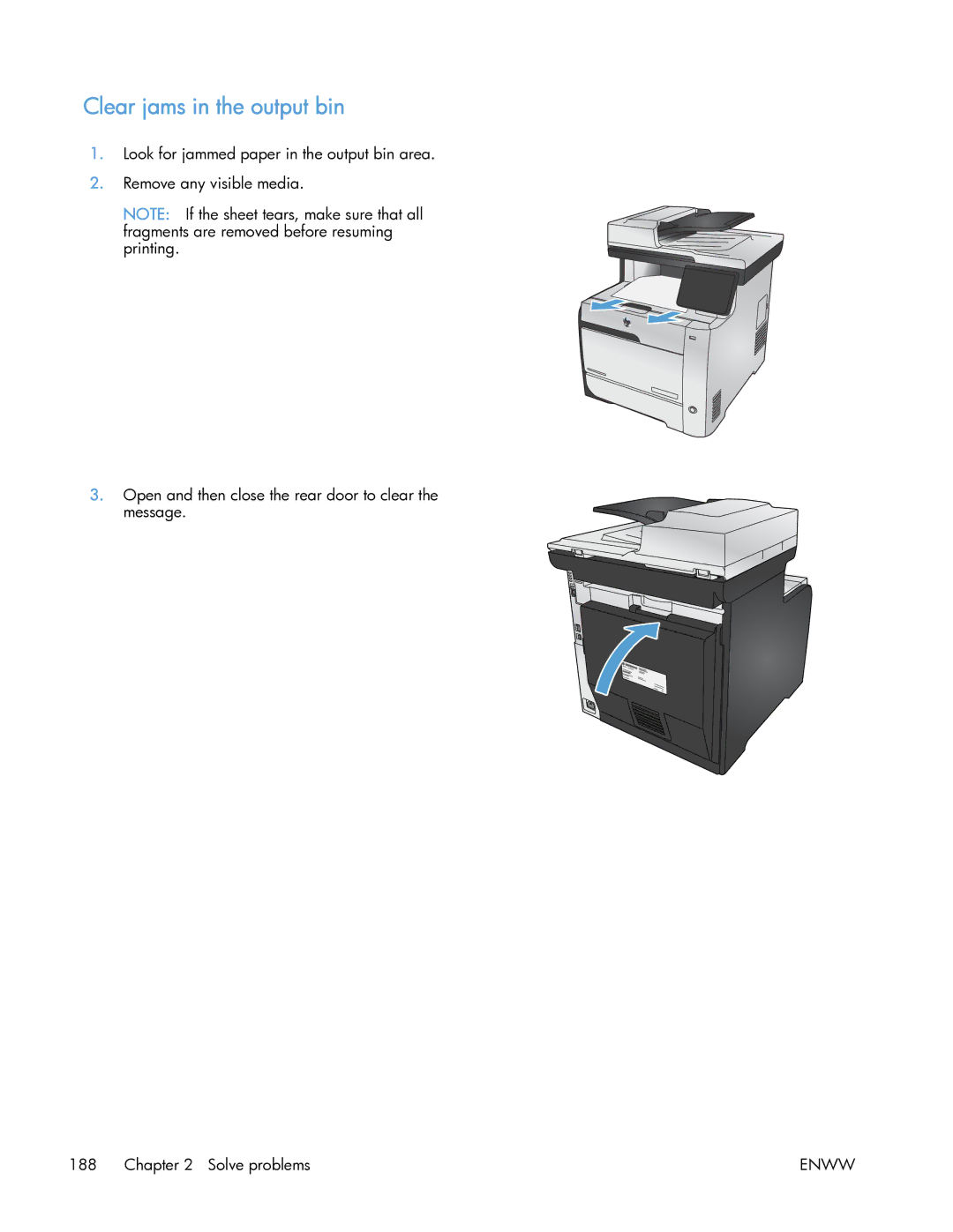 HP 400 manual Clear jams in the output bin 