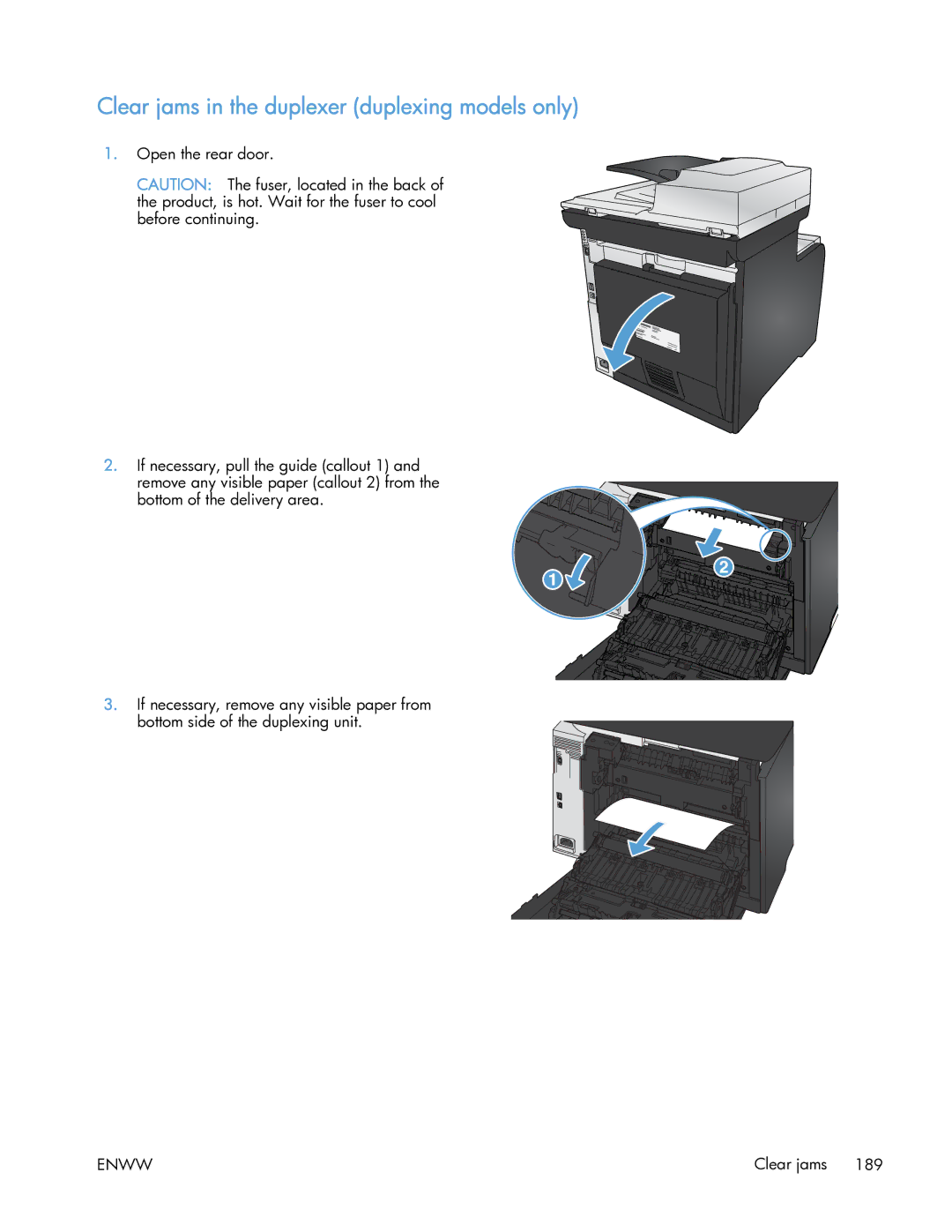 HP 400 manual Clear jams in the duplexer duplexing models only 