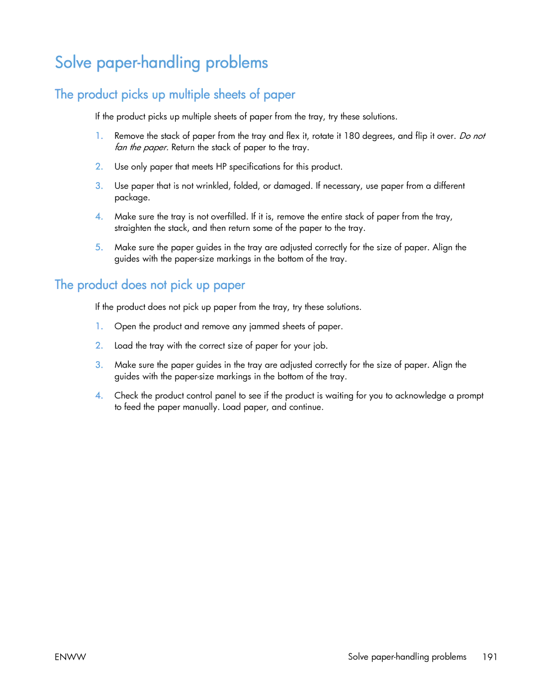 HP 400 manual Solve paper-handling problems, Product picks up multiple sheets of paper, Product does not pick up paper 