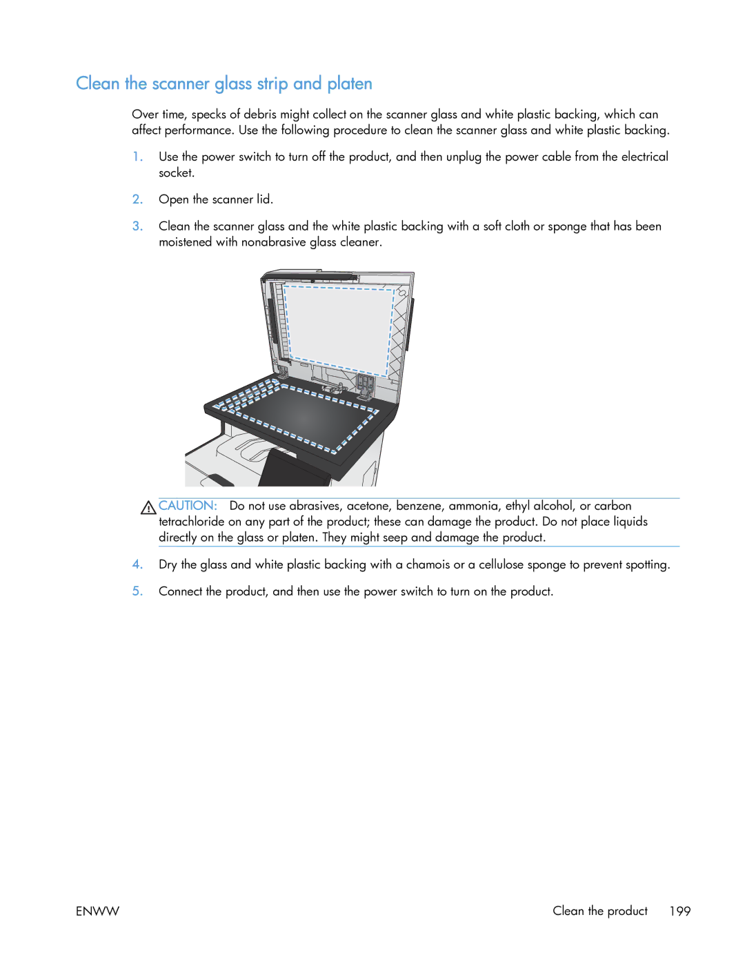 HP 400 manual Clean the scanner glass strip and platen 