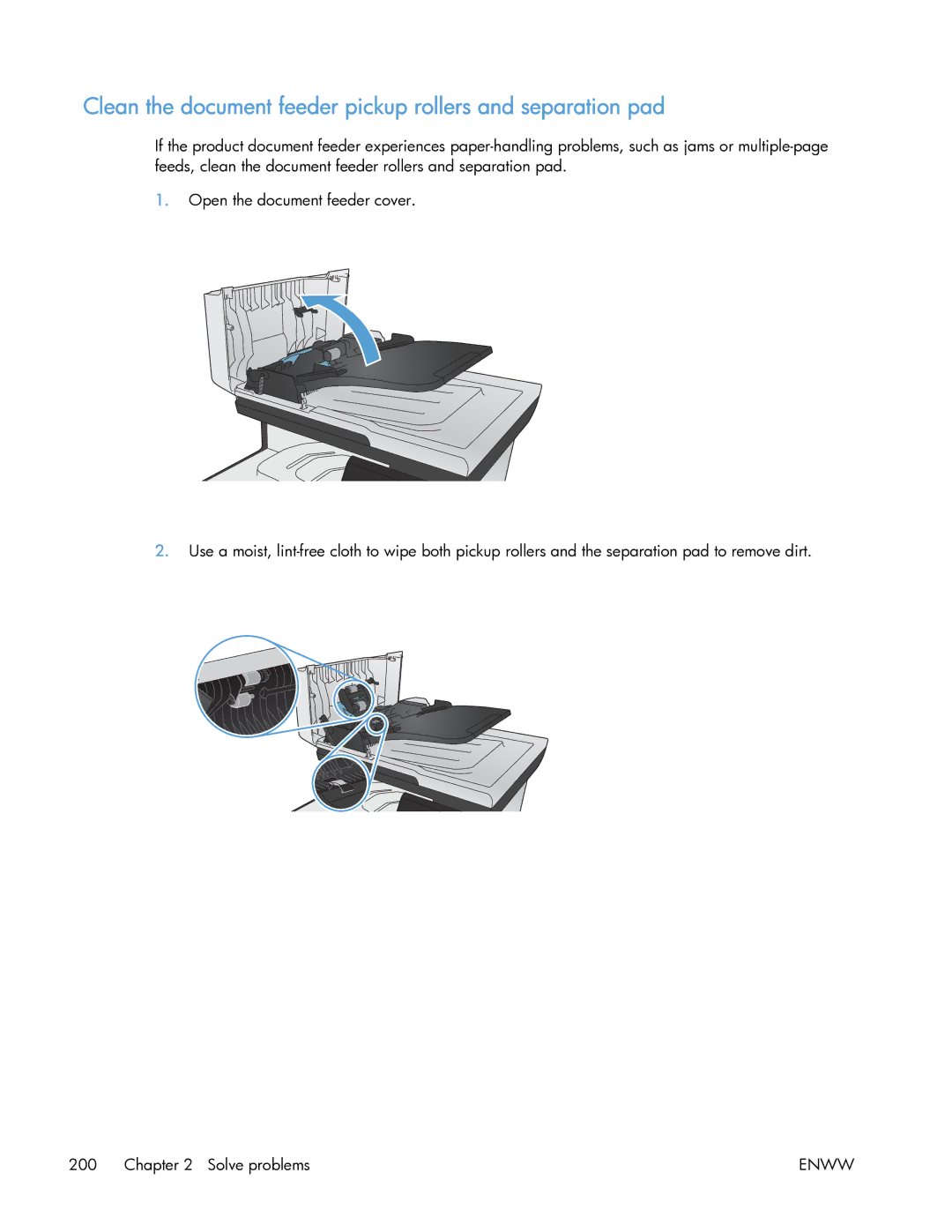 HP 400 manual Clean the document feeder pickup rollers and separation pad 