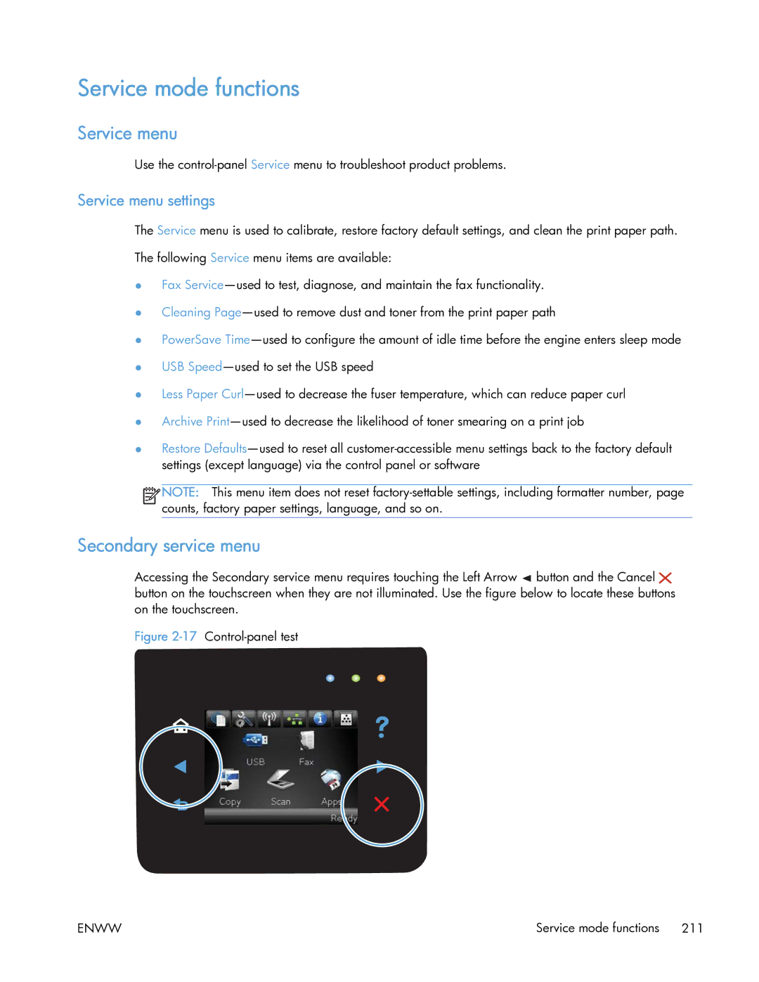 HP 400 manual Service mode functions, Secondary service menu, Service menu settings 