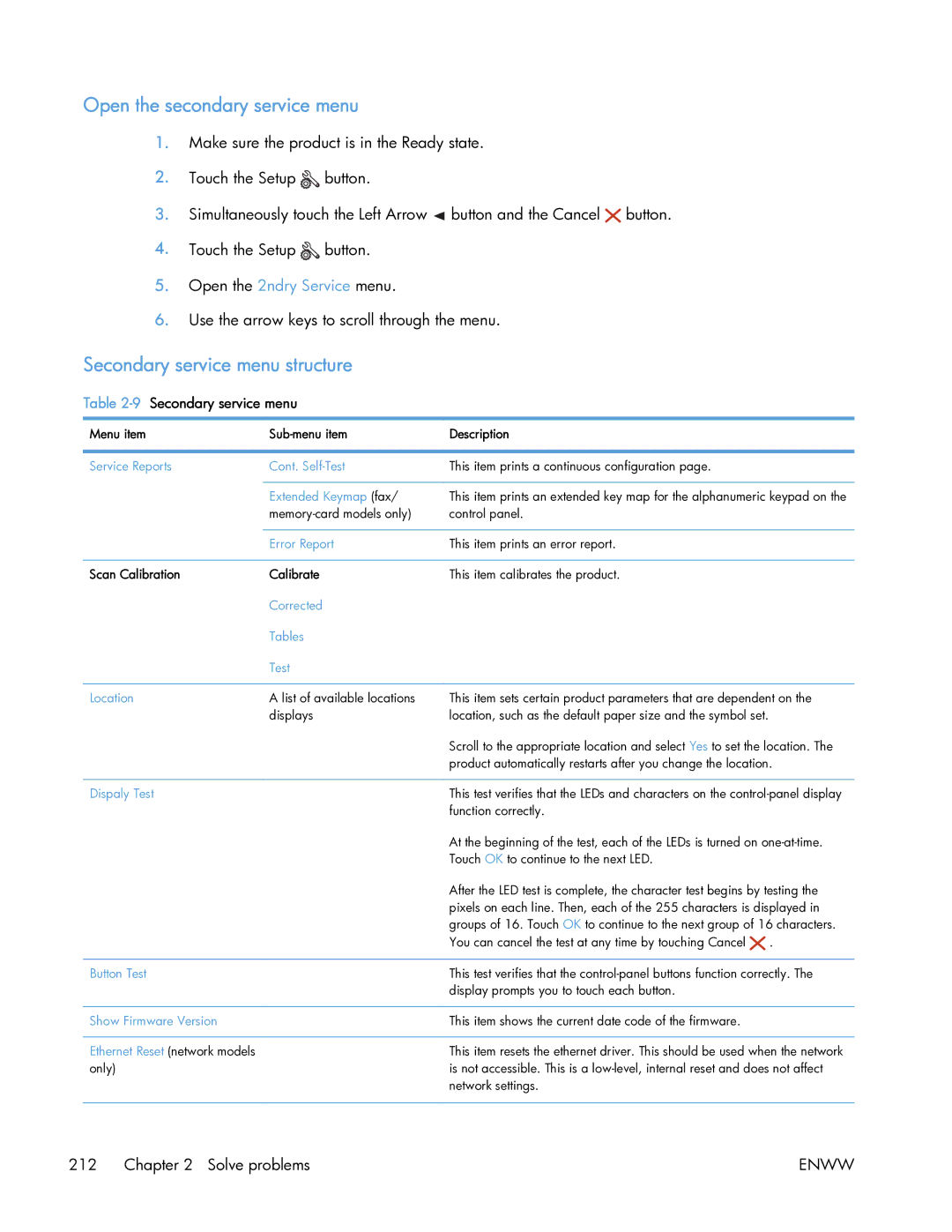 HP 400 manual Open the secondary service menu, Secondary service menu structure, 9Secondary service menu 