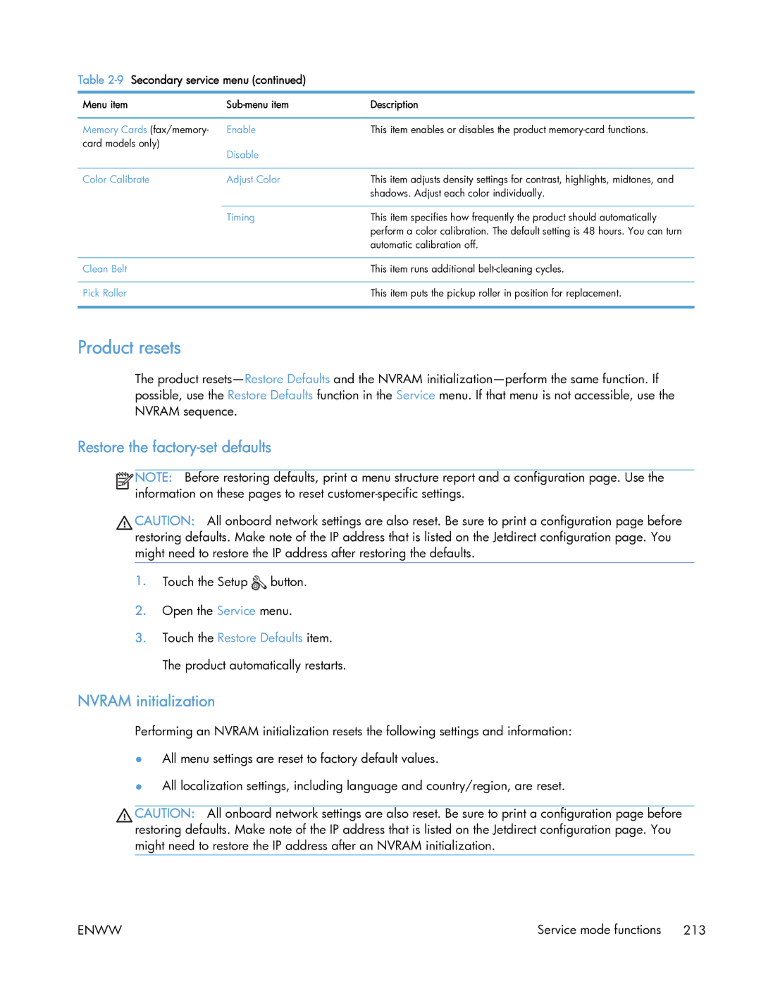 HP 400 manual Product resets, Restore the factory-set defaults, Nvram initialization 