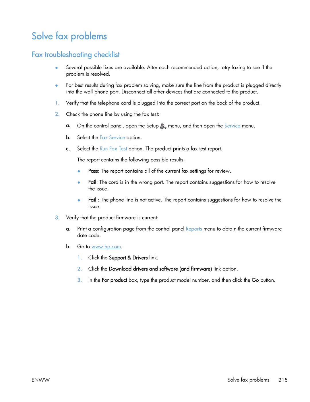 HP 400 manual Solve fax problems, Fax troubleshooting checklist 