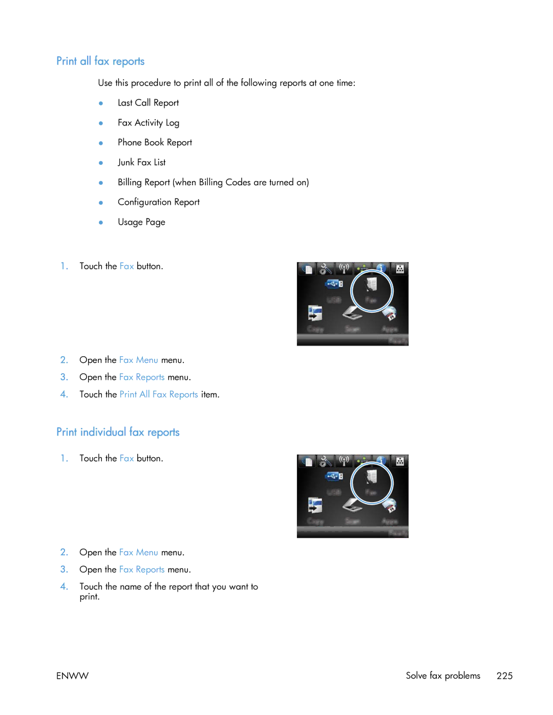 HP 400 manual Print all fax reports, Print individual fax reports 