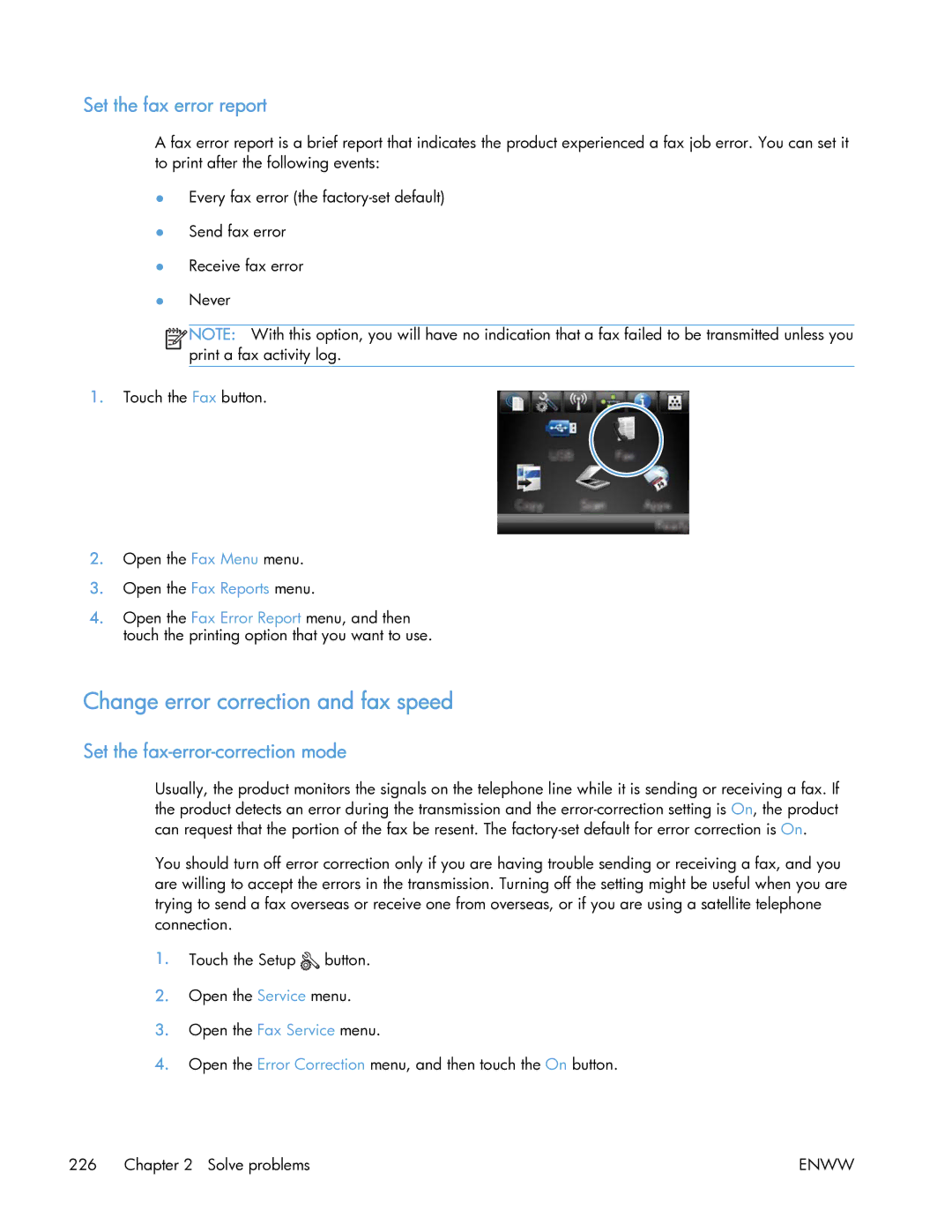 HP 400 manual Change error correction and fax speed, Set the fax error report, Set the fax-error-correction mode 