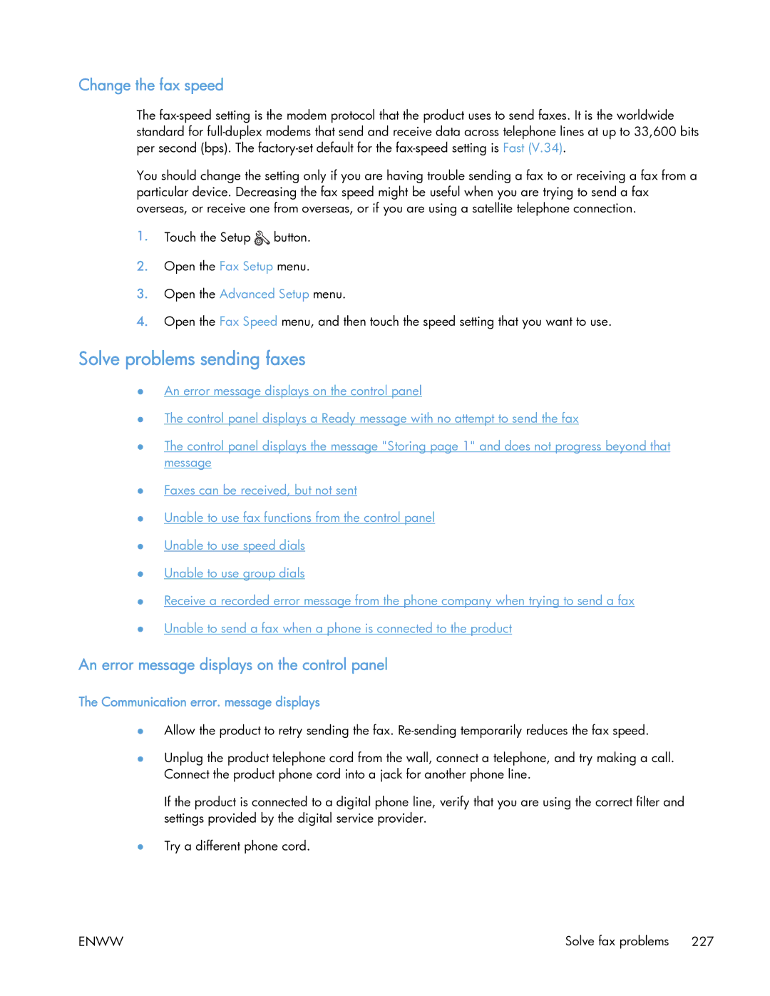 HP 400 manual Solve problems sending faxes, Change the fax speed, An error message displays on the control panel 