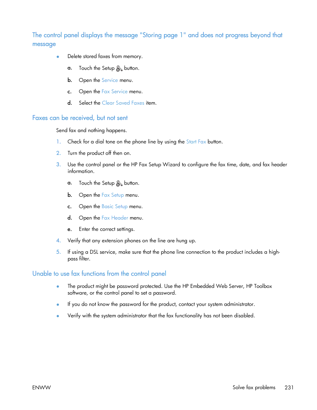 HP 400 manual Faxes can be received, but not sent, Unable to use fax functions from the control panel 