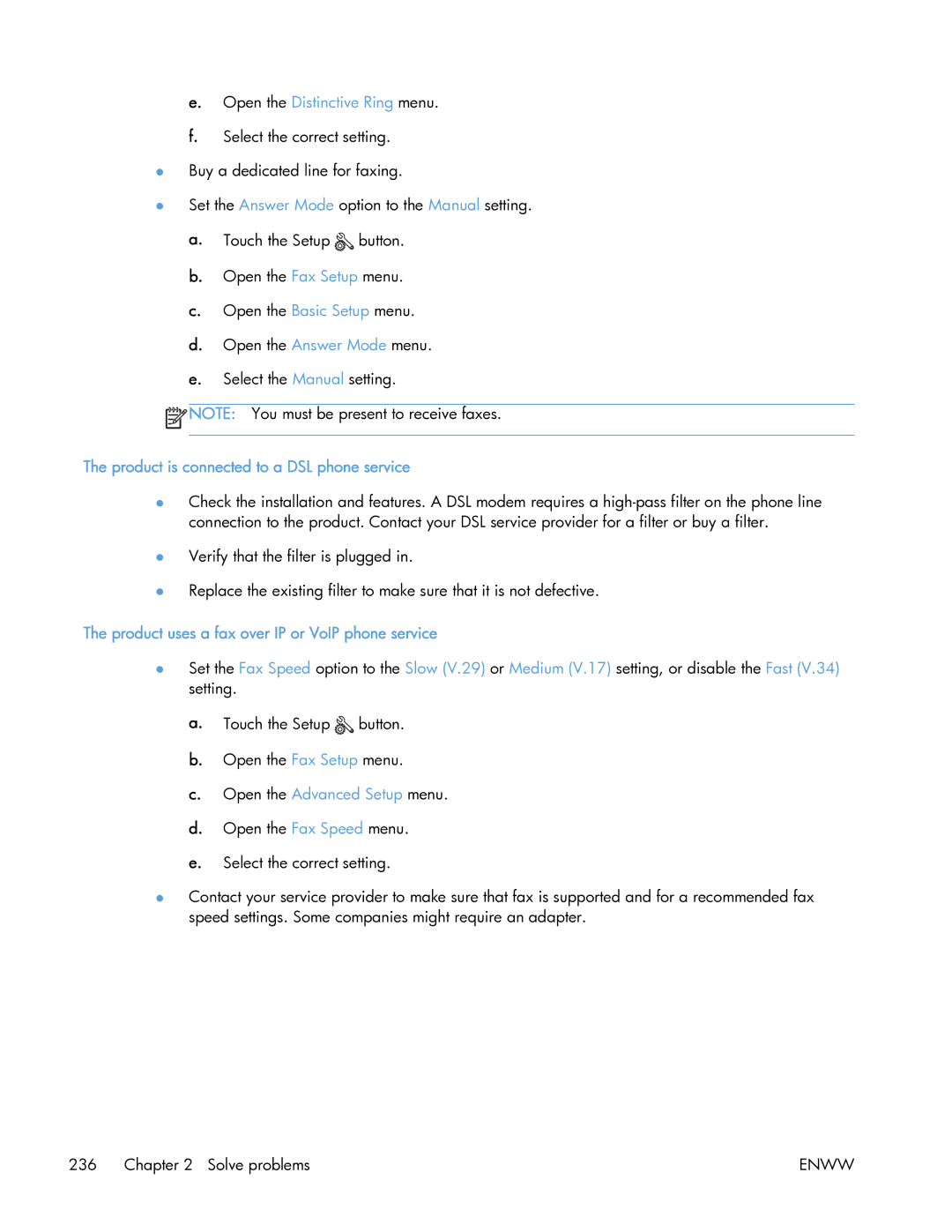 HP 400 manual Product is connected to a DSL phone service, Product uses a fax over IP or VoIP phone service 