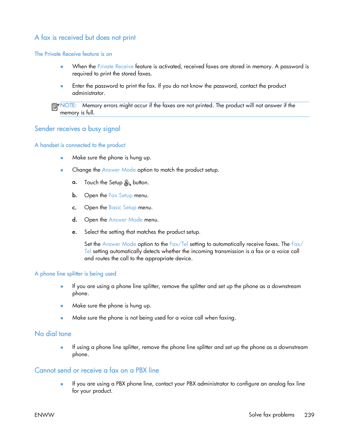 HP 400 manual Fax is received but does not print, Sender receives a busy signal, Cannot send or receive a fax on a PBX line 