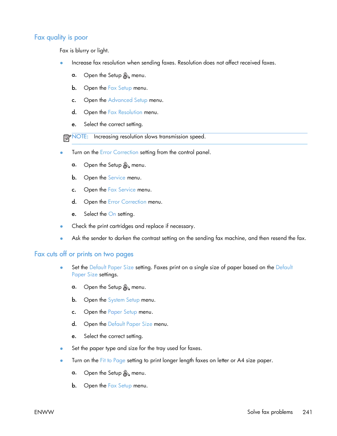 HP 400 manual Fax quality is poor, Fax cuts off or prints on two pages 