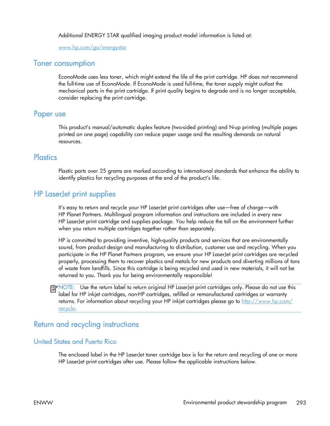 HP 400 manual Toner consumption, Paper use, Plastics, HP LaserJet print supplies, Return and recycling instructions 