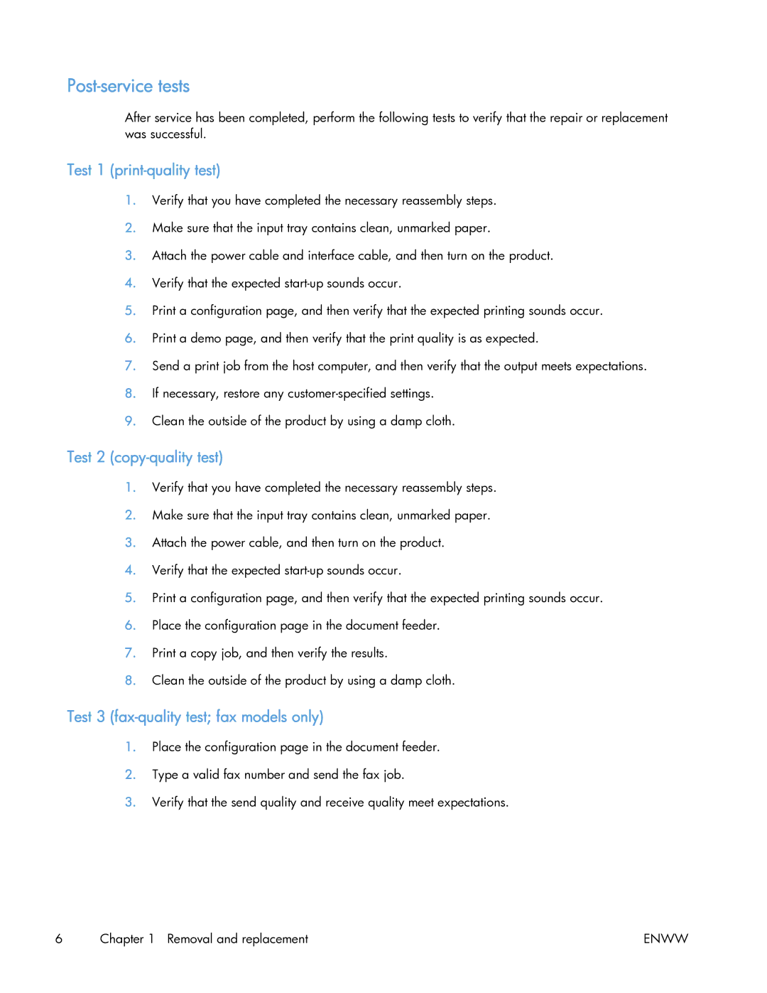 HP 400 Post-service tests, Test 1 print-quality test, Test 2 copy-quality test, Test 3 fax-quality test fax models only 