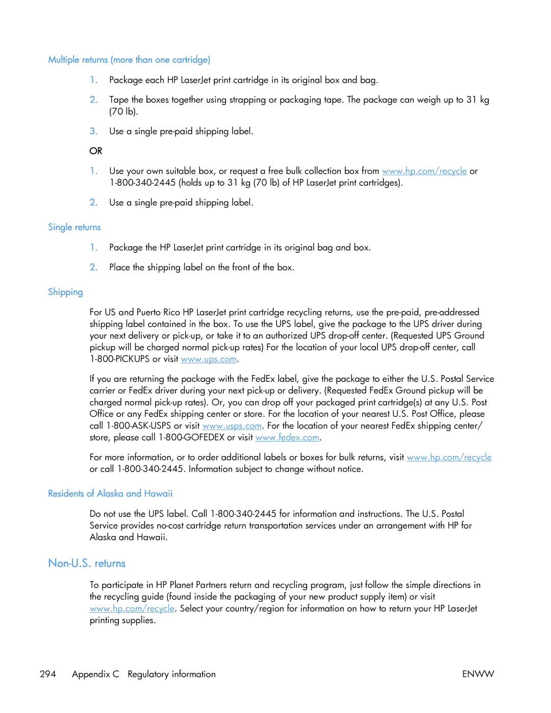 HP 400 Non-U.S. returns, Multiple returns more than one cartridge, Single returns, Shipping Residents of Alaska and Hawaii 