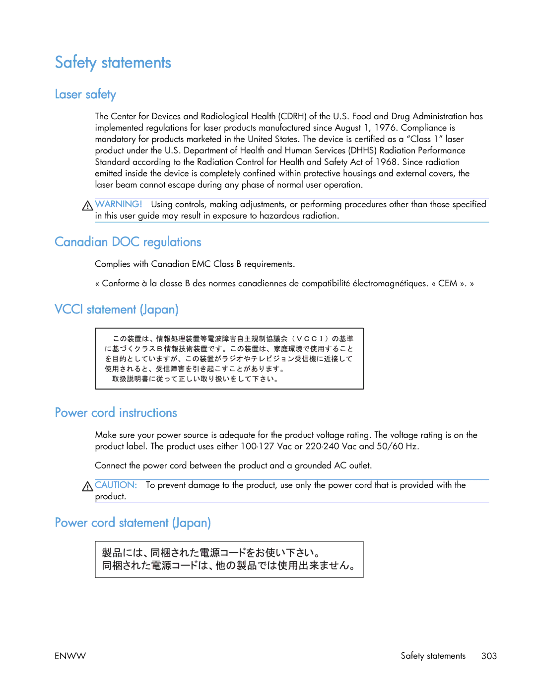 HP 400 manual Safety statements, Laser safety, Canadian DOC regulations, Vcci statement Japan Power cord instructions 