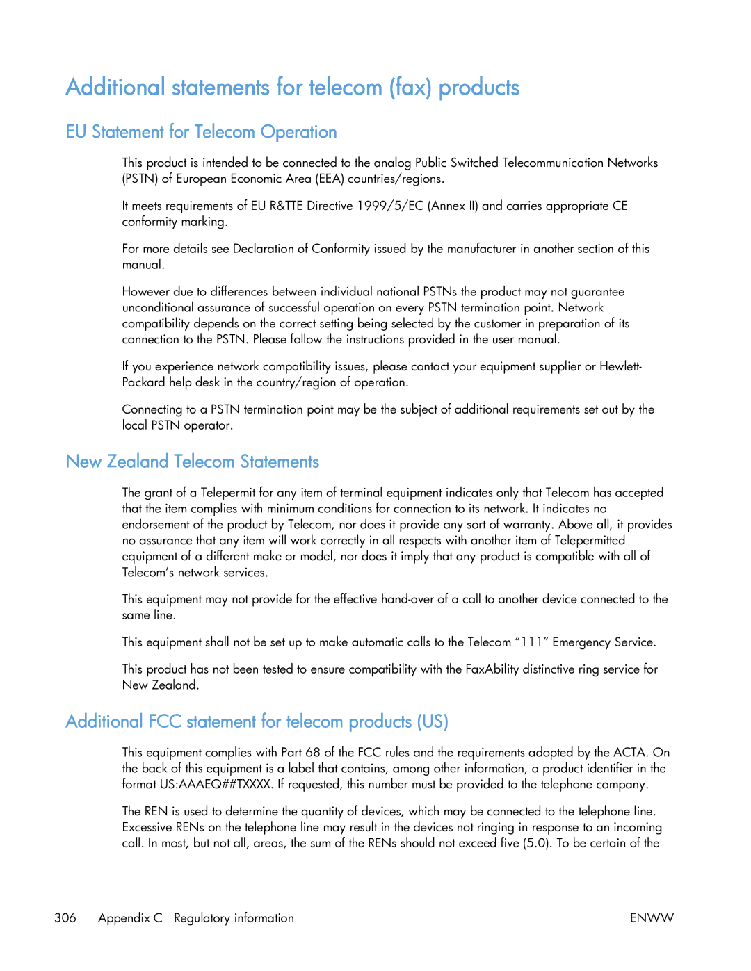 HP 400 Additional statements for telecom fax products, EU Statement for Telecom Operation, New Zealand Telecom Statements 