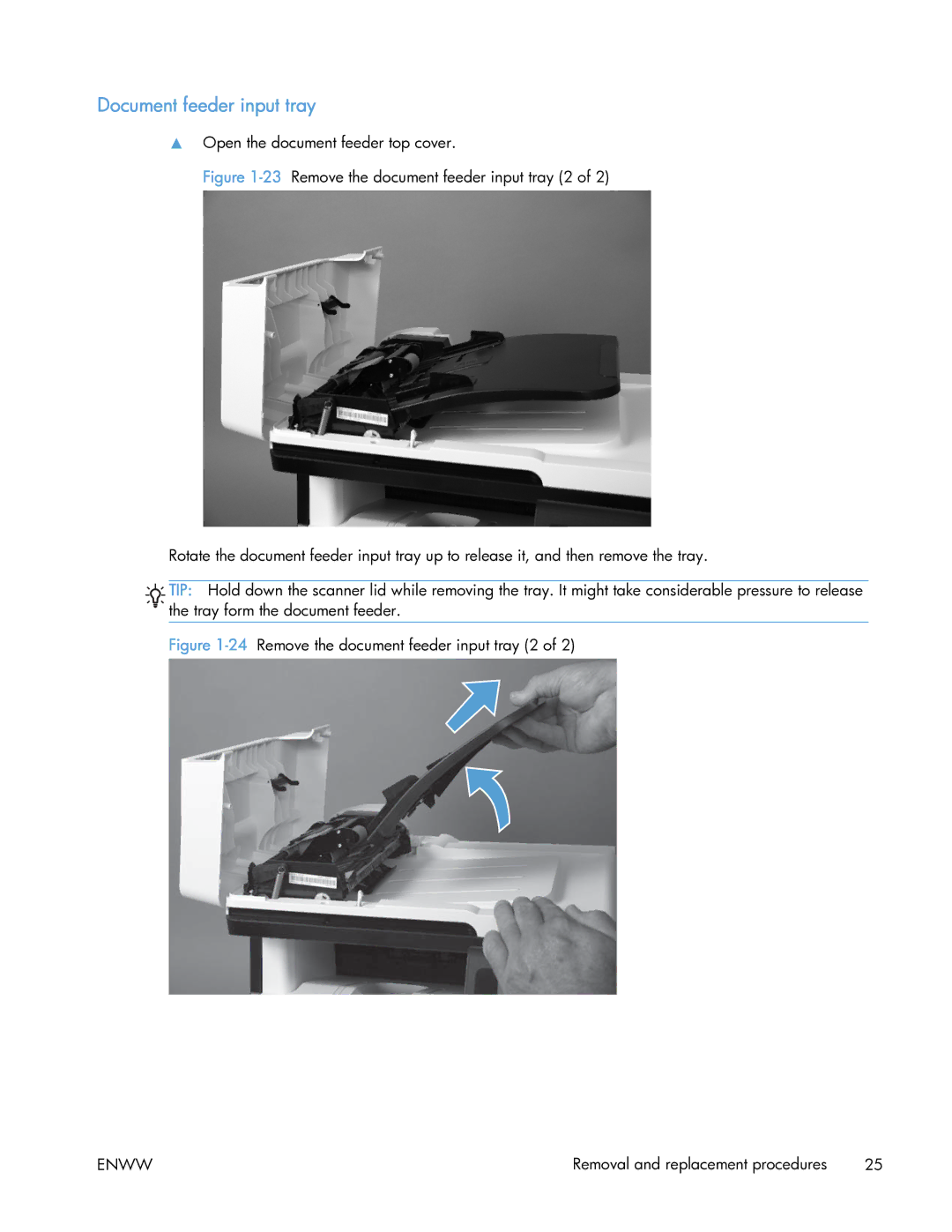 HP 400 manual Document feeder input tray, 24Remove the document feeder input tray 2 