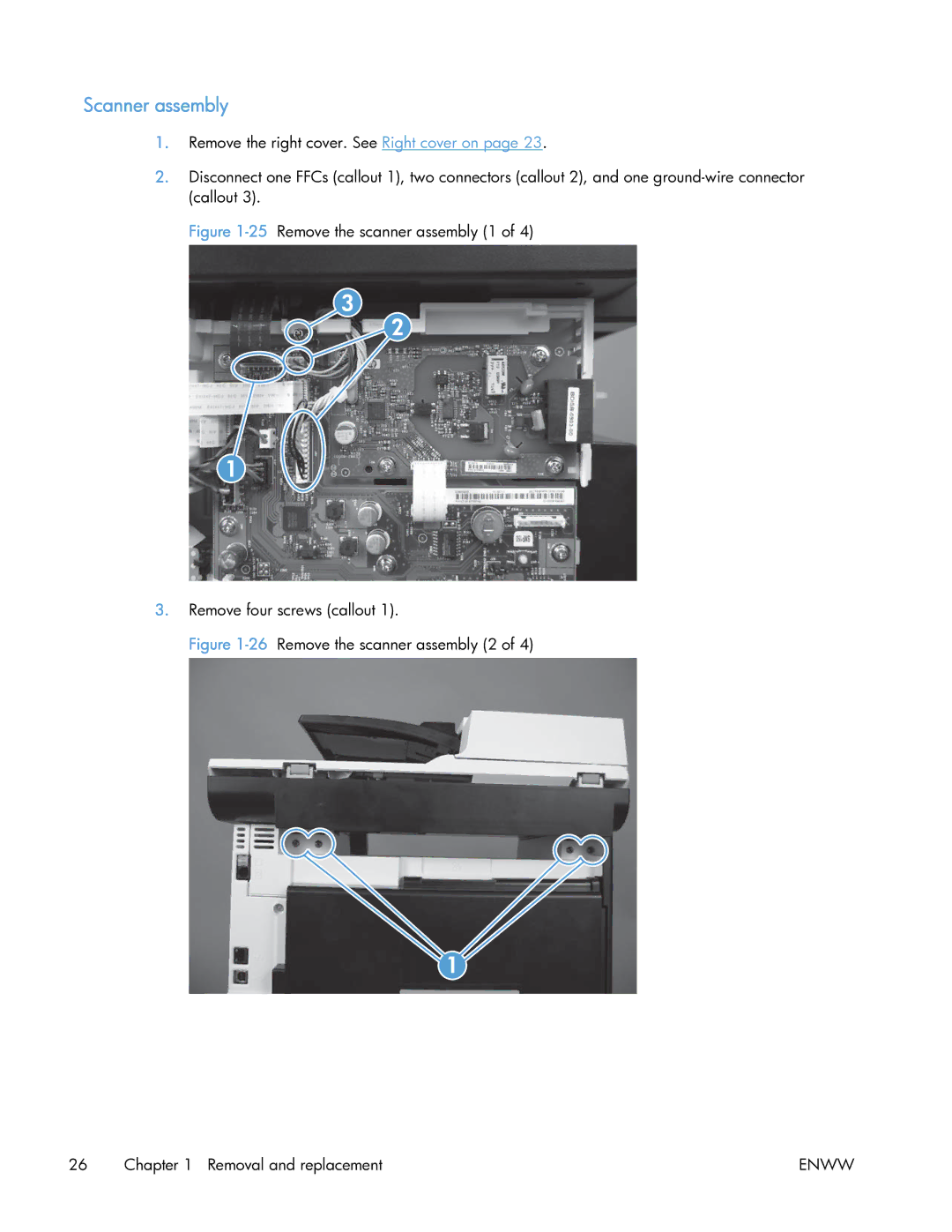 HP 400 manual Scanner assembly, 25Remove the scanner assembly 1 Remove four screws callout 