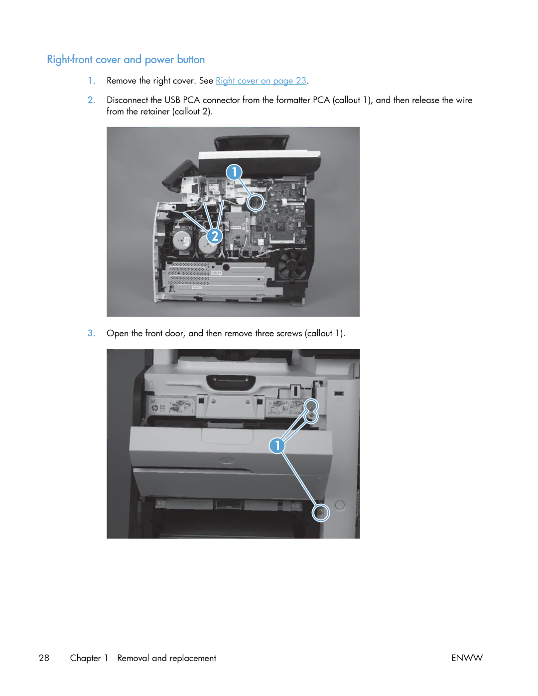 HP 400 manual Right-front cover and power button 