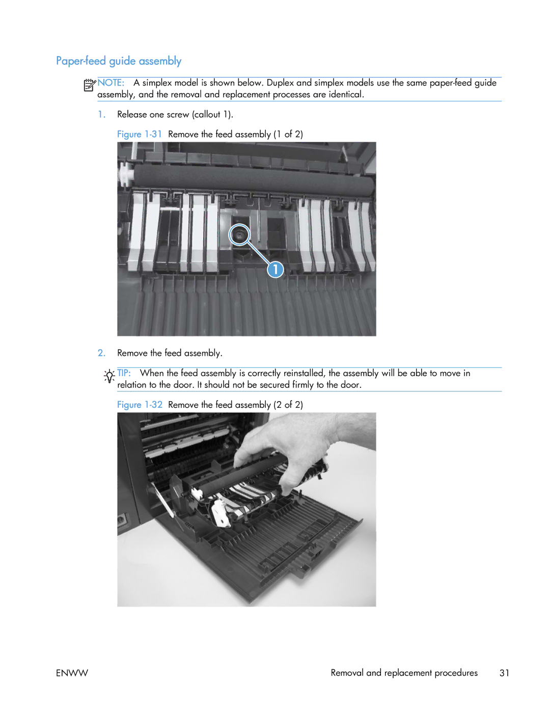 HP 400 manual Paper-feed guide assembly, 32Remove the feed assembly 2 