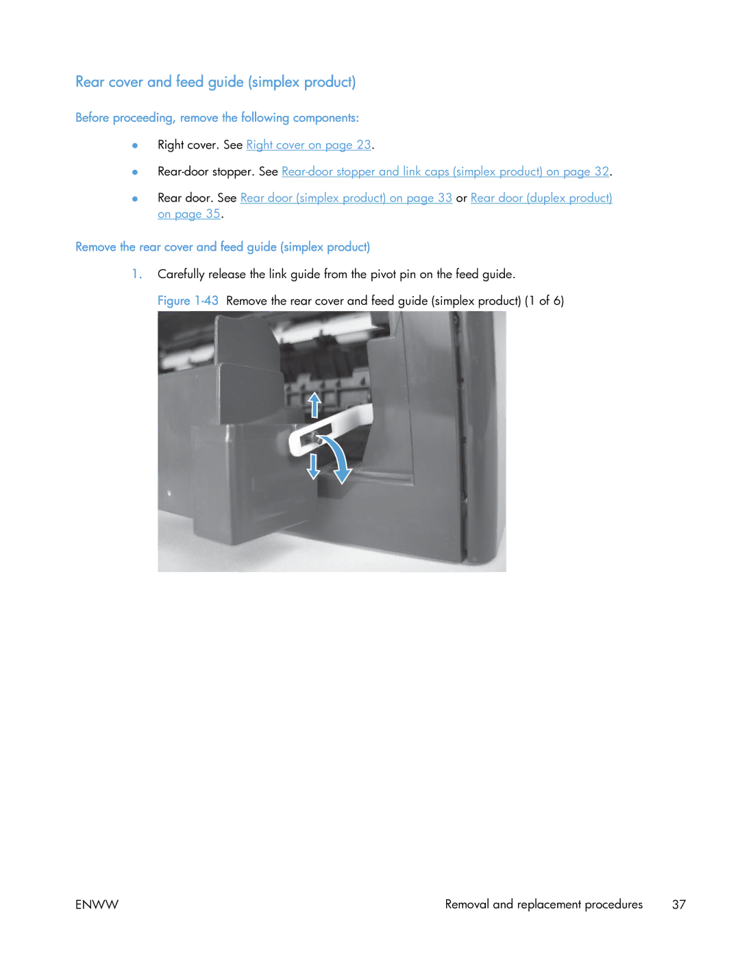 HP 400 manual Rear cover and feed guide simplex product, Before proceeding, remove the following components 