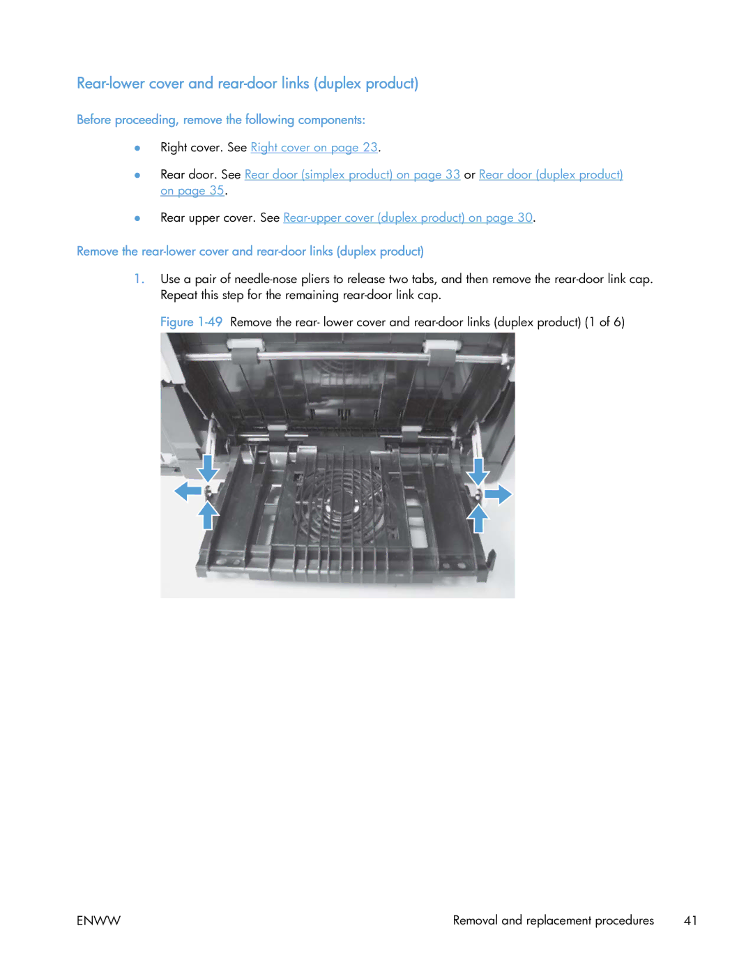 HP 400 manual Rear-lower cover and rear-door links duplex product, Before proceeding, remove the following components 