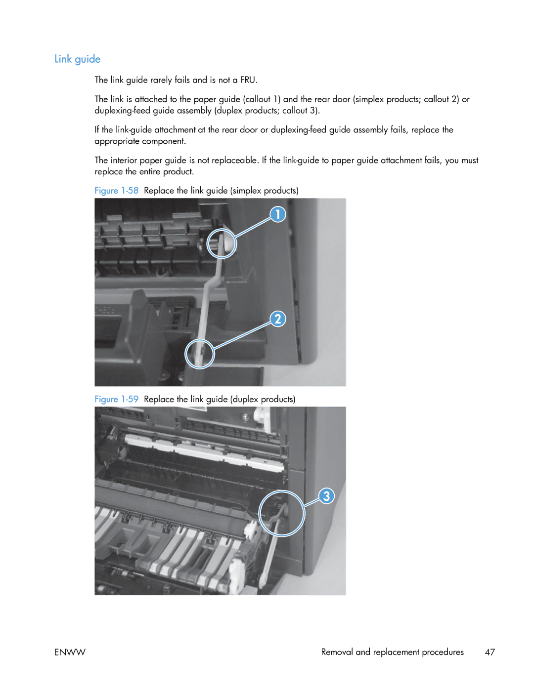 HP 400 manual Link guide, 58Replace the link guide simplex products 