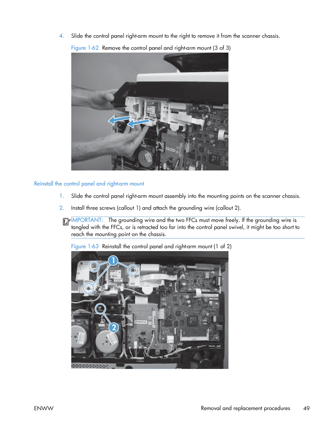 HP 400 manual 63Reinstall the control panel and right-arm mount 1 