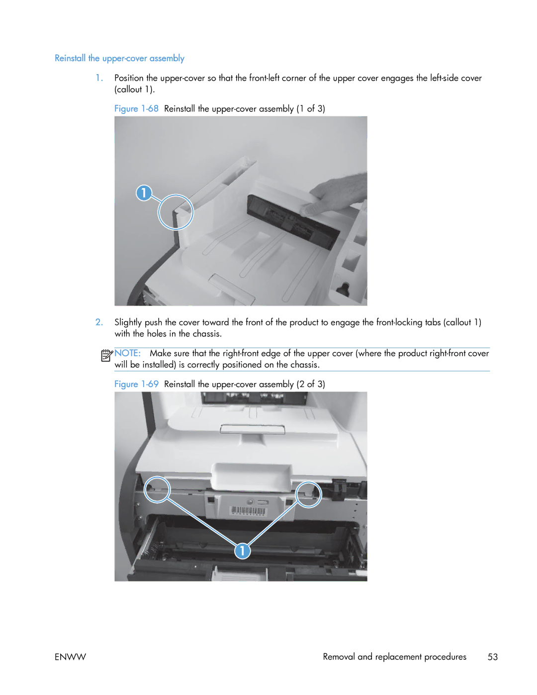 HP 400 manual 69Reinstall the upper-cover assembly 2 