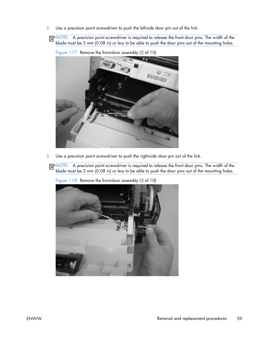 HP 400 manual 78Remove the front-door assembly 3 