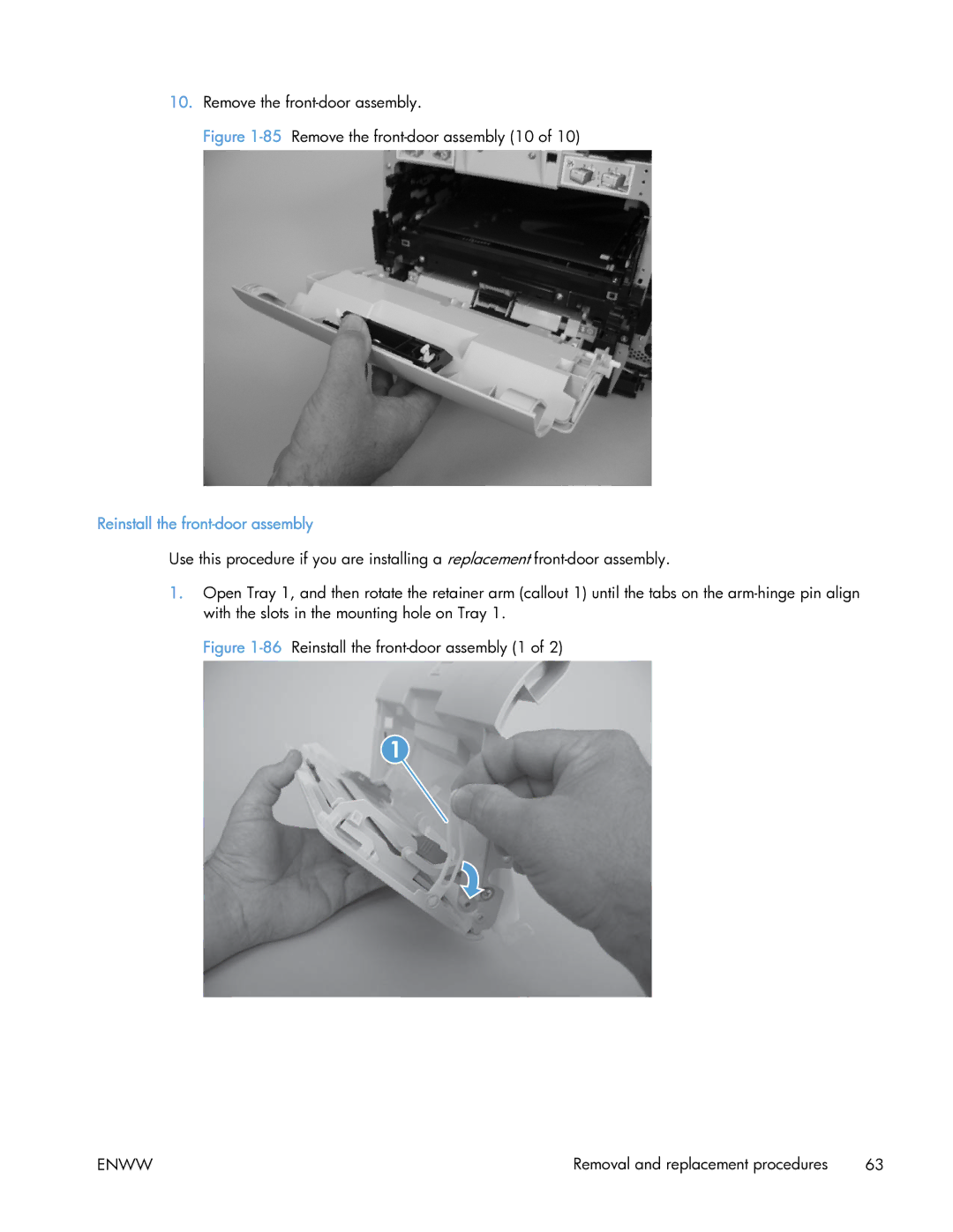 HP 400 manual 85Remove the front-door assembly 10, Reinstall the front-door assembly 