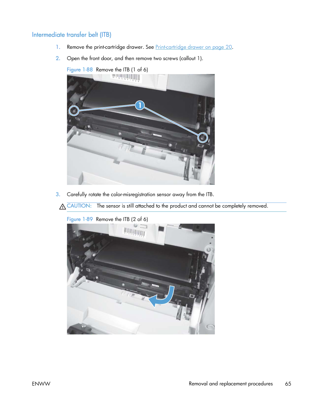 HP 400 manual Intermediate transfer belt ITB, 89Remove the ITB 2 