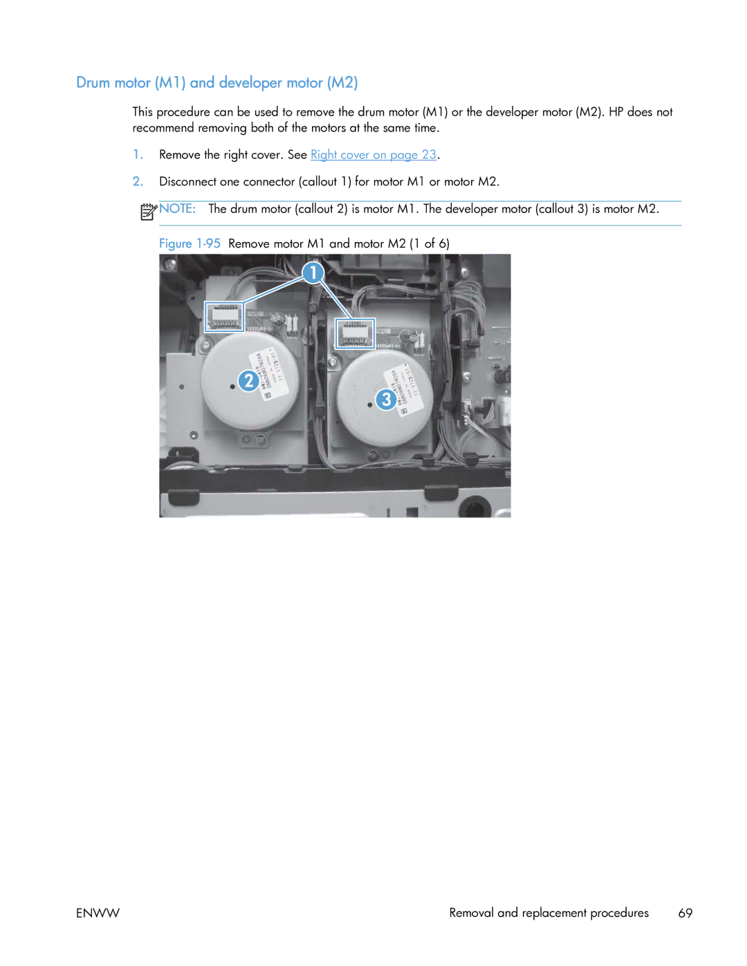 HP 400 manual Drum motor M1 and developer motor M2, 95Remove motor M1 and motor M2 1 