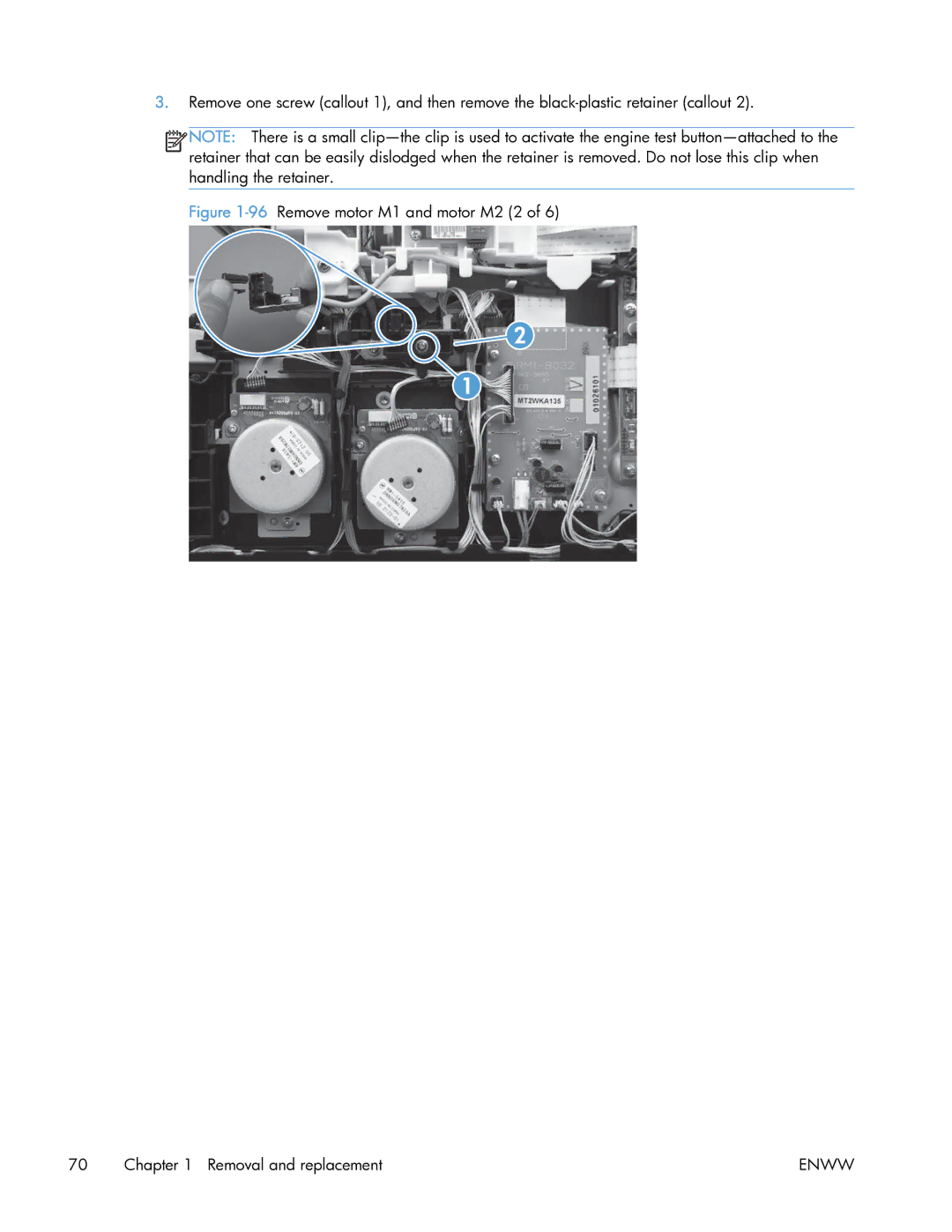 HP 400 manual 96Remove motor M1 and motor M2 2 Removal and replacement 