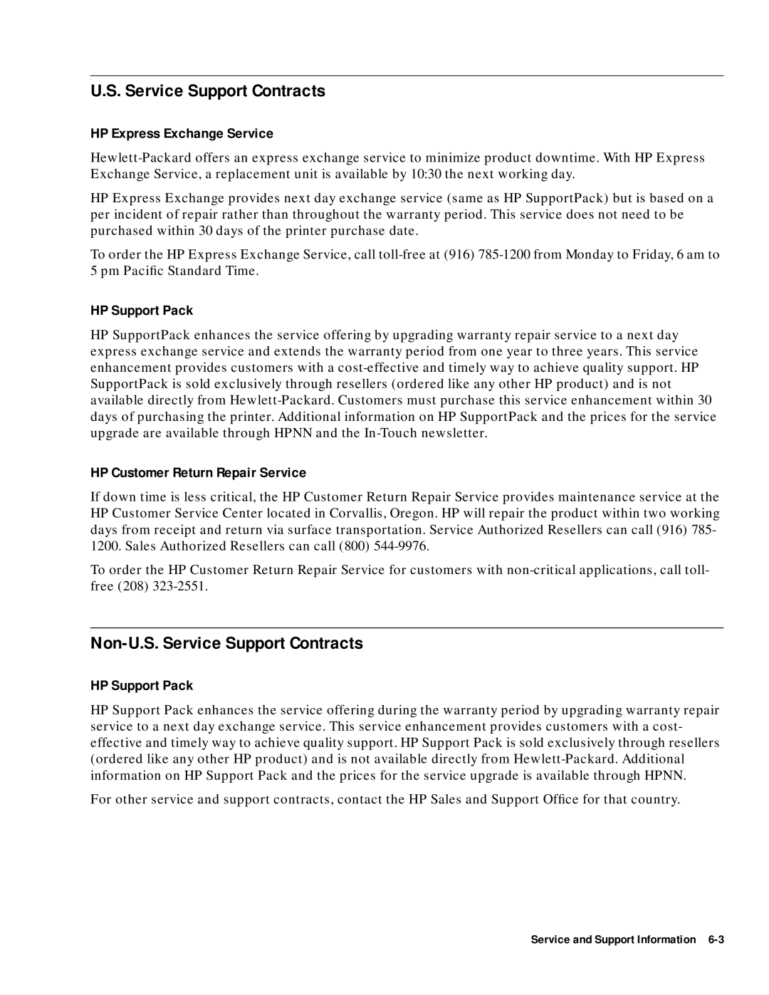 HP 400 manual Non-U.S. Service Support Contracts, HP Express Exchange Service, HP Support Pack 