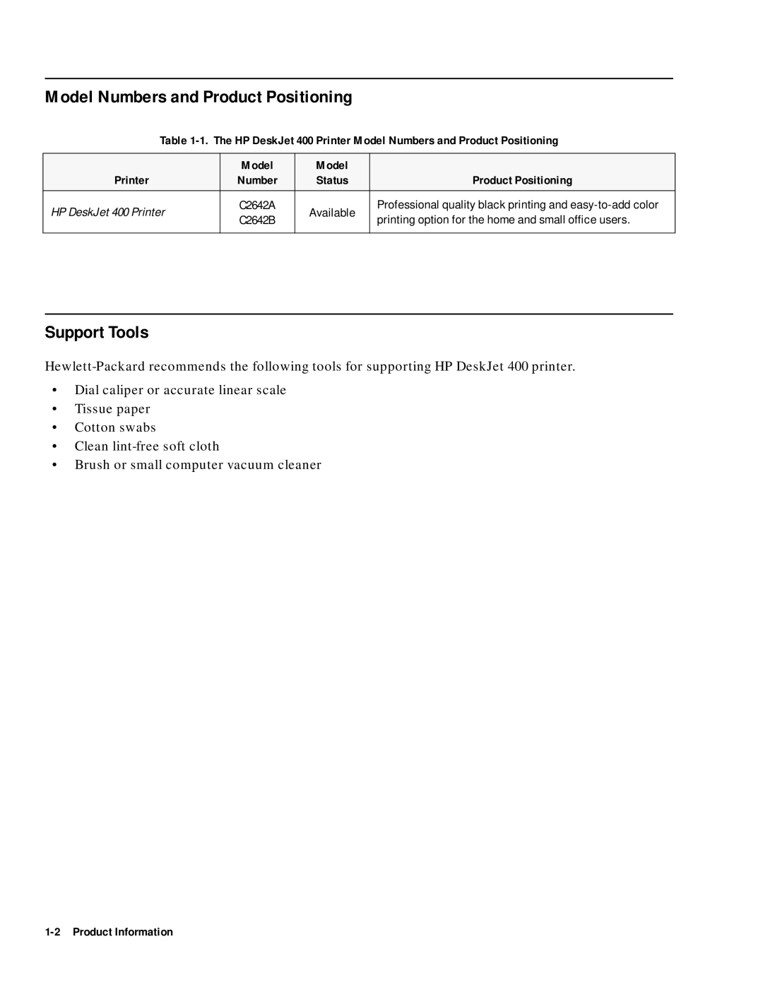 HP manual Model Numbers and Product Positioning, Support Tools, HP DeskJet 400 Printer 