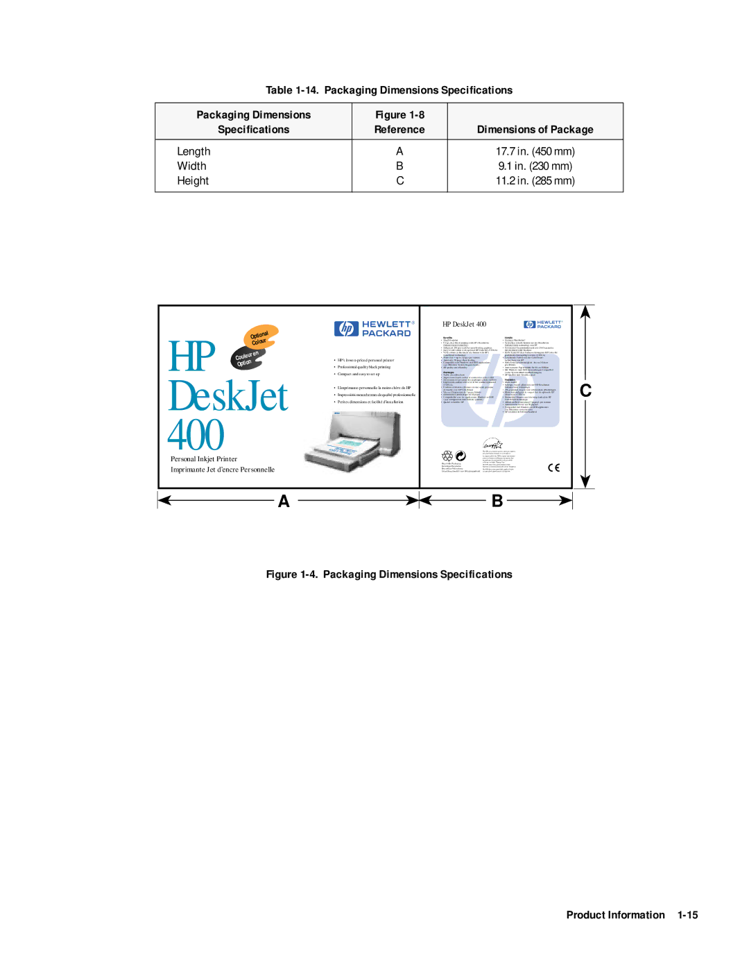 HP 400 manual Packaging Dimensions Speciﬁcations, Length Width Height 