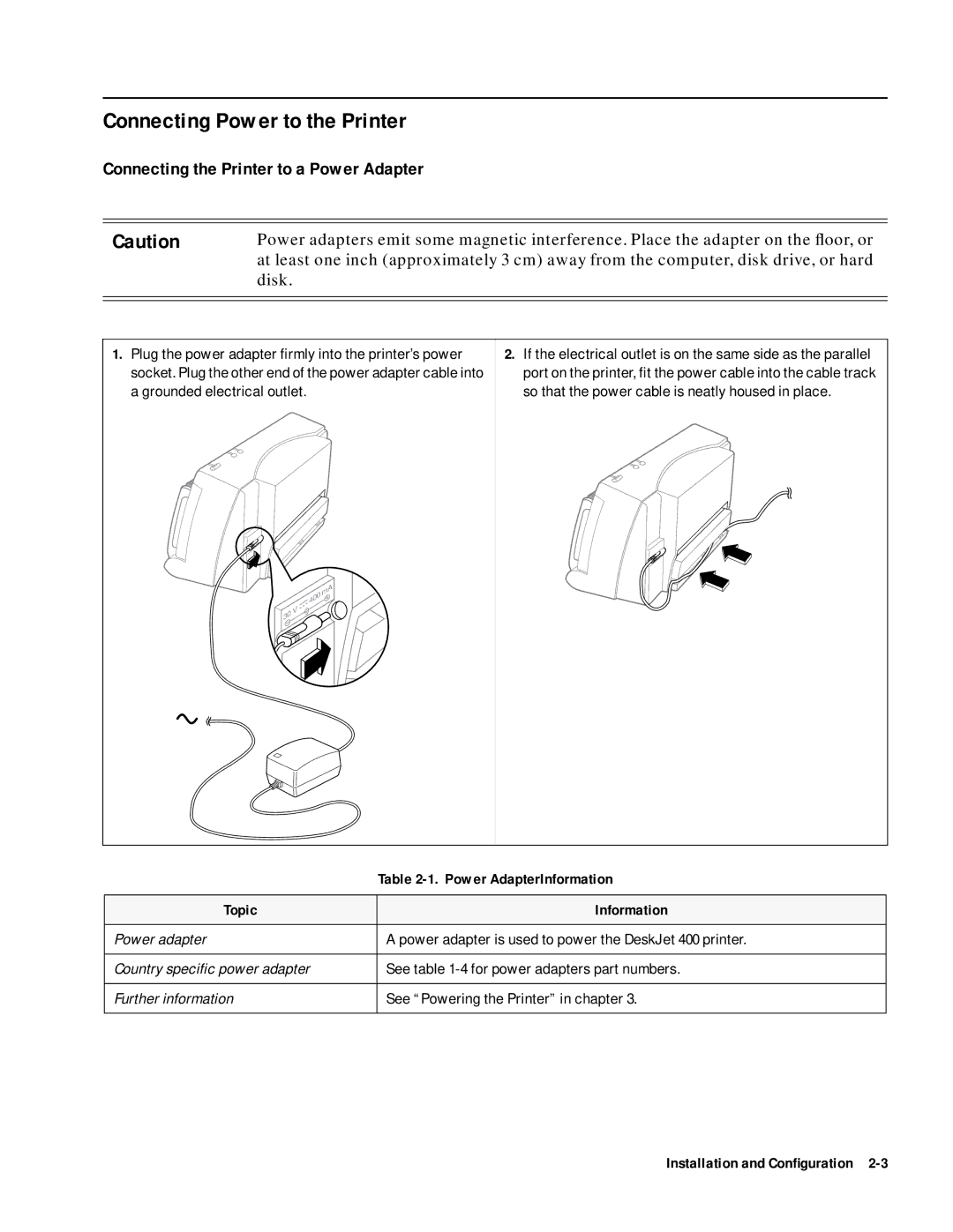 HP 400 manual Connecting Power to the Printer, Connecting the Printer to a Power Adapter 