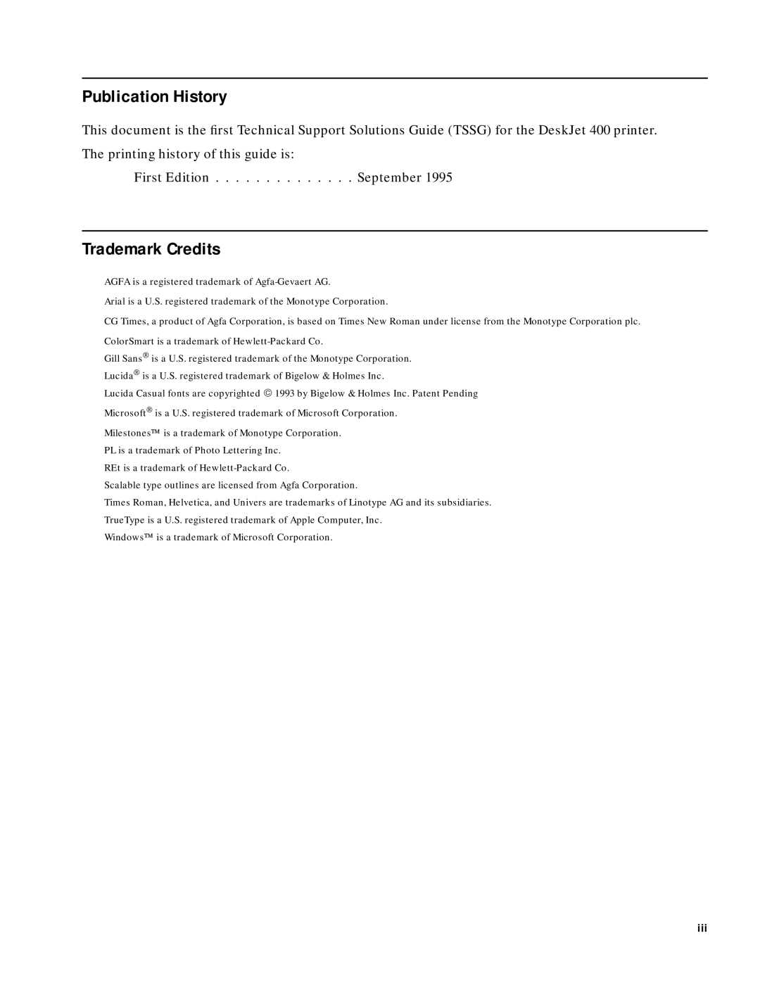 HP 400 manual Publication History, Trademark Credits, Iii 