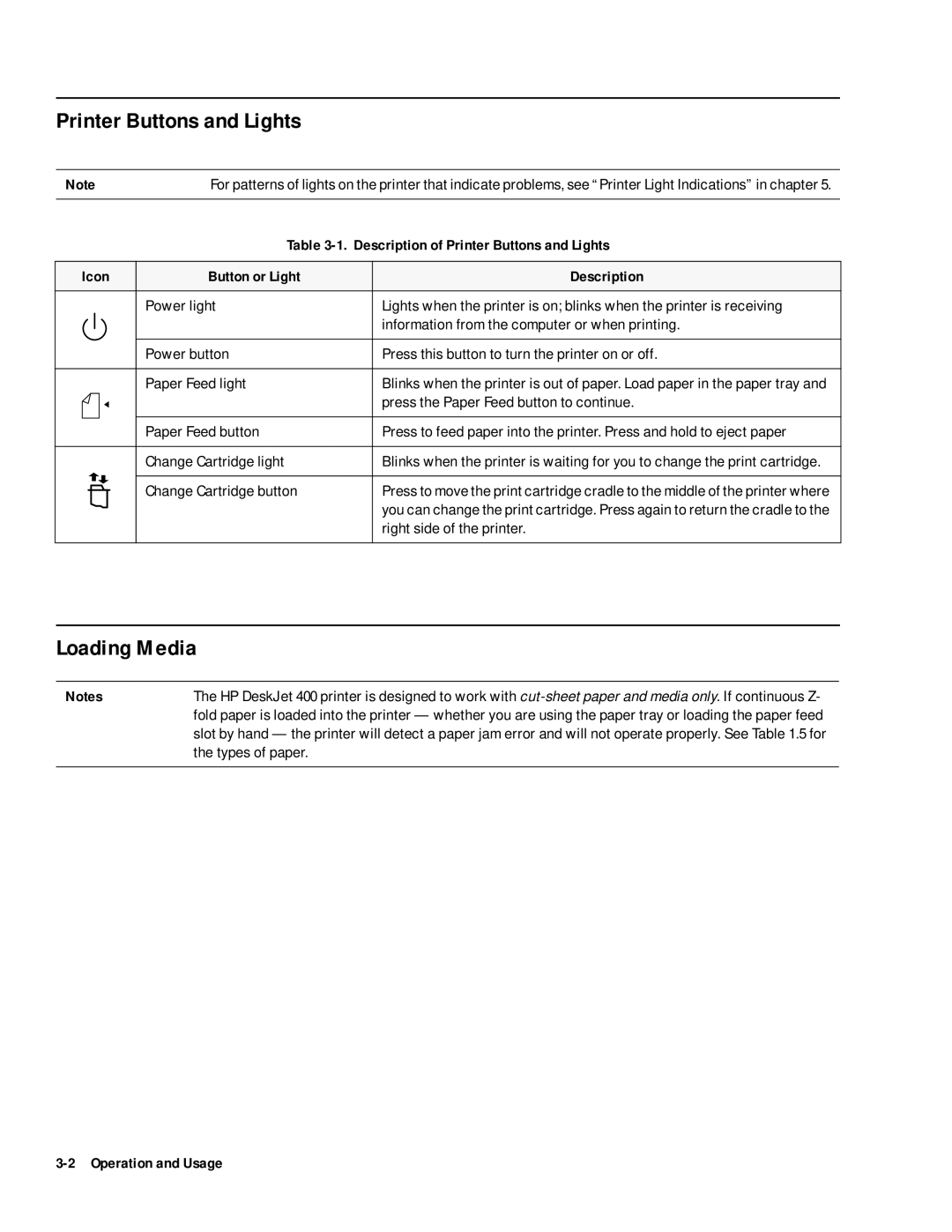 HP 400 manual Loading Media, Description of Printer Buttons and Lights, Icon Button or Light Description 