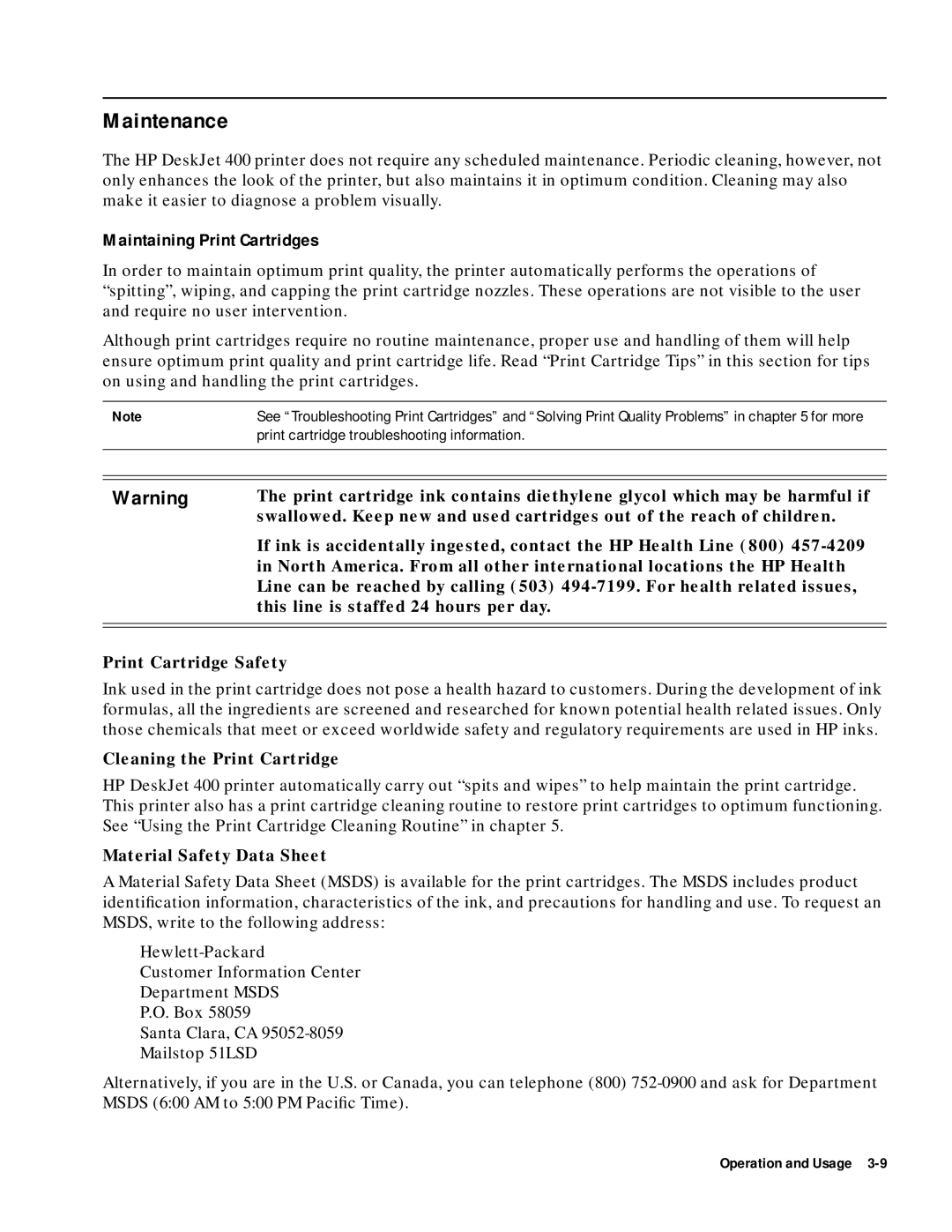 HP 400 manual Maintenance, Maintaining Print Cartridges, Print cartridge troubleshooting information 