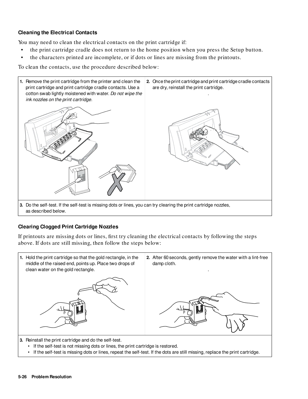 HP 400 manual Cleaning the Electrical Contacts, Clearing Clogged Print Cartridge Nozzles 