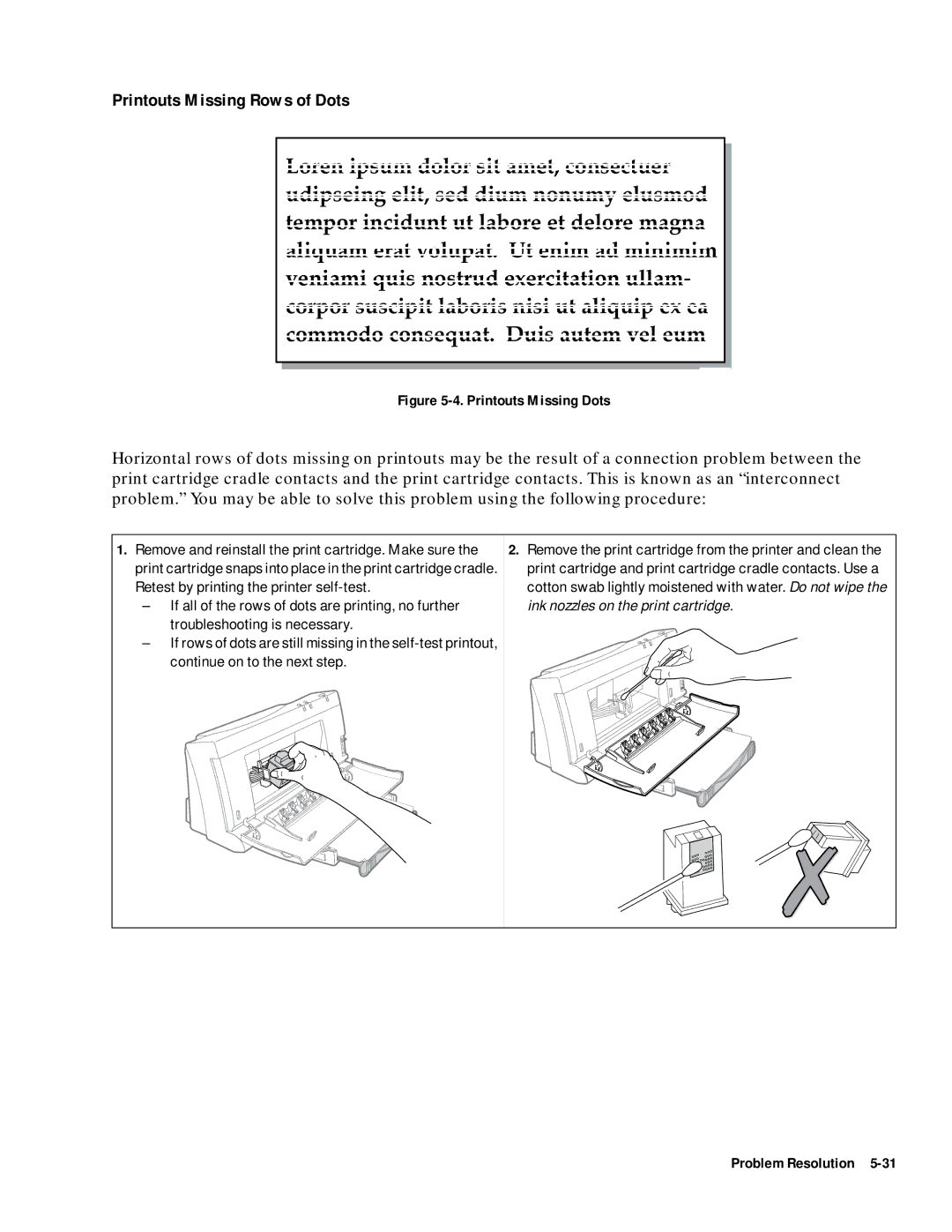 HP 400 manual Printouts Missing Rows of Dots, Printouts Missing Dots 